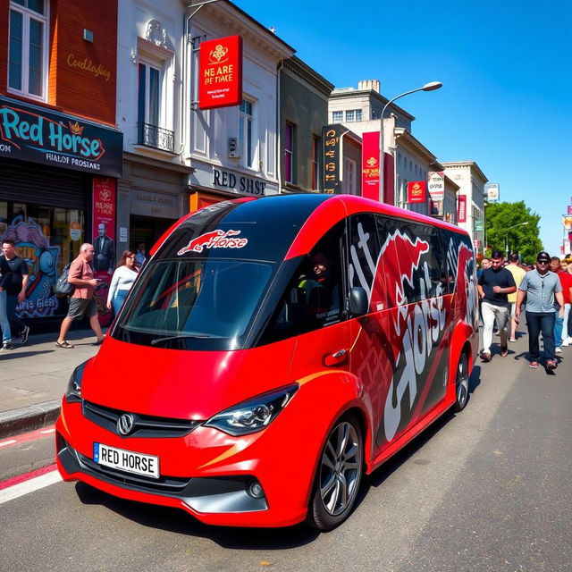 A striking Red Horse street car, designed with bold graphics and a vivid red color scheme that captures the eye