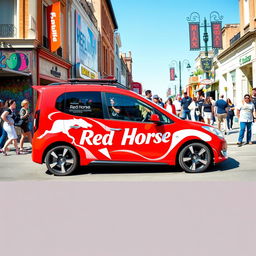 A striking Red Horse street car, designed with bold graphics and a vivid red color scheme that captures the eye