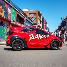 A striking Red Horse street car, designed with bold graphics and a vivid red color scheme that captures the eye