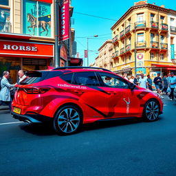 A striking Red Horse street car, designed with bold graphics and a vivid red color scheme that captures the eye