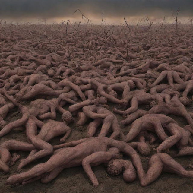 Generate an image of Gog and Magog horde defeated and fallen, with the worms crawling around them, introducing a sense of resolution and relief to the scene.