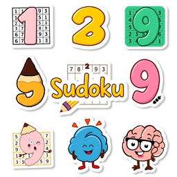 A collection of printable stickers related to sudoku, including cute and colorful illustrations of sudoku puzzles, numbers 1 to 9 in a playful font, expressive characters such as a cheerful pencil and happy eraser, and thematic elements like a brain wearing glasses with a sudoku grid in the background