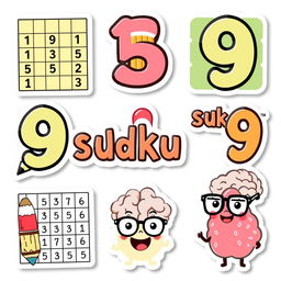 A collection of printable stickers related to sudoku, including cute and colorful illustrations of sudoku puzzles, numbers 1 to 9 in a playful font, expressive characters such as a cheerful pencil and happy eraser, and thematic elements like a brain wearing glasses with a sudoku grid in the background