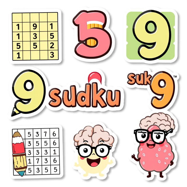 A collection of printable stickers related to sudoku, including cute and colorful illustrations of sudoku puzzles, numbers 1 to 9 in a playful font, expressive characters such as a cheerful pencil and happy eraser, and thematic elements like a brain wearing glasses with a sudoku grid in the background