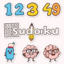 A collection of printable stickers related to sudoku, including cute and colorful illustrations of sudoku puzzles, numbers 1 to 9 in a playful font, expressive characters such as a cheerful pencil and happy eraser, and thematic elements like a brain wearing glasses with a sudoku grid in the background