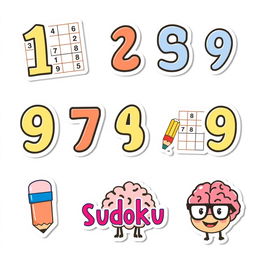 A collection of printable stickers related to sudoku, including cute and colorful illustrations of sudoku puzzles, numbers 1 to 9 in a playful font, expressive characters such as a cheerful pencil and happy eraser, and thematic elements like a brain wearing glasses with a sudoku grid in the background