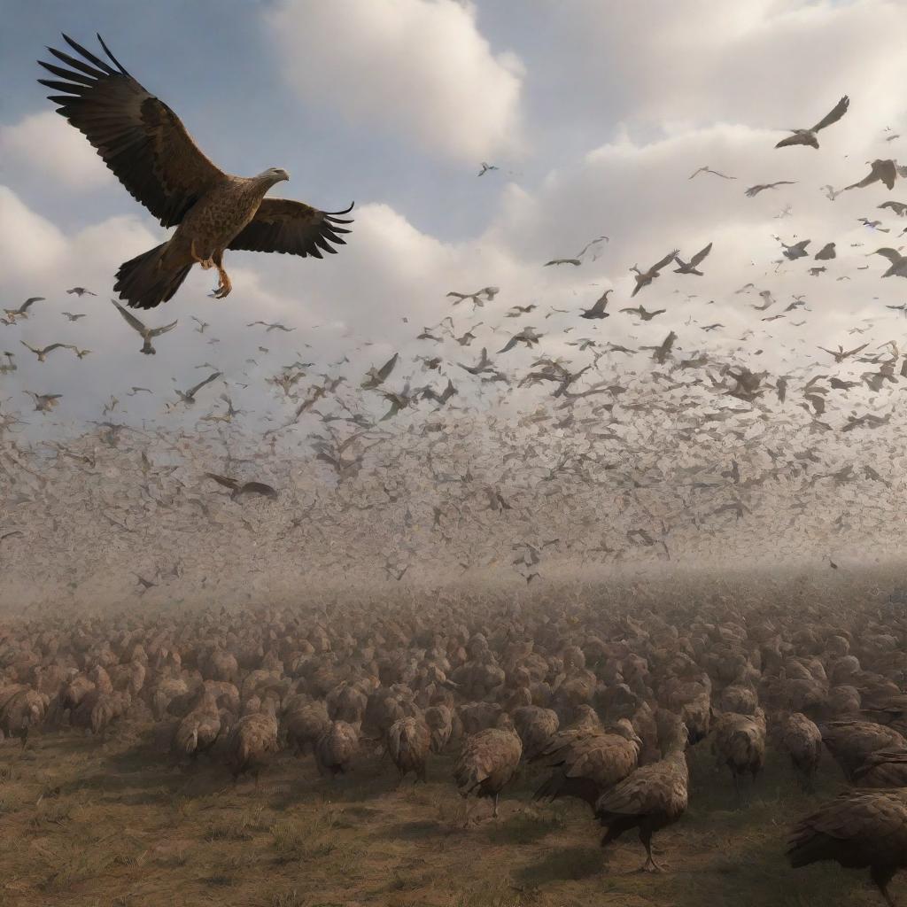 Generate an image of thousands of large birds swooping down to carry away the fallen bodies of the Gog and Magog horde, adding a sense of final resolution to the scene.