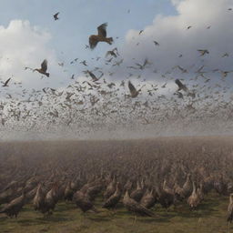 Generate an image of thousands of large birds swooping down to carry away the fallen bodies of the Gog and Magog horde, adding a sense of final resolution to the scene.