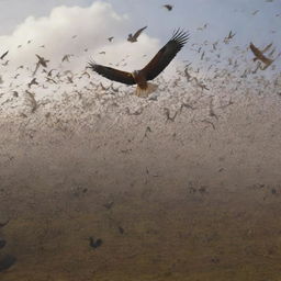 Generate an image of thousands of large birds swooping down to carry away the fallen bodies of the Gog and Magog horde, adding a sense of final resolution to the scene.