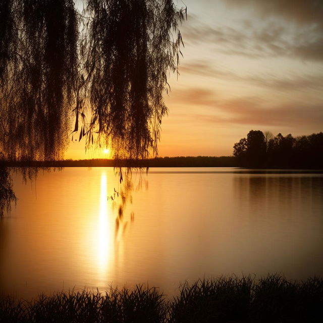 Generate a breathtaking view of the sun setting over a serene lake, framed by overhanging willow branches.