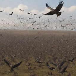 Generate an image of thousands of large birds swooping down to carry away the fallen bodies of the Gog and Magog horde, adding a sense of final resolution to the scene.