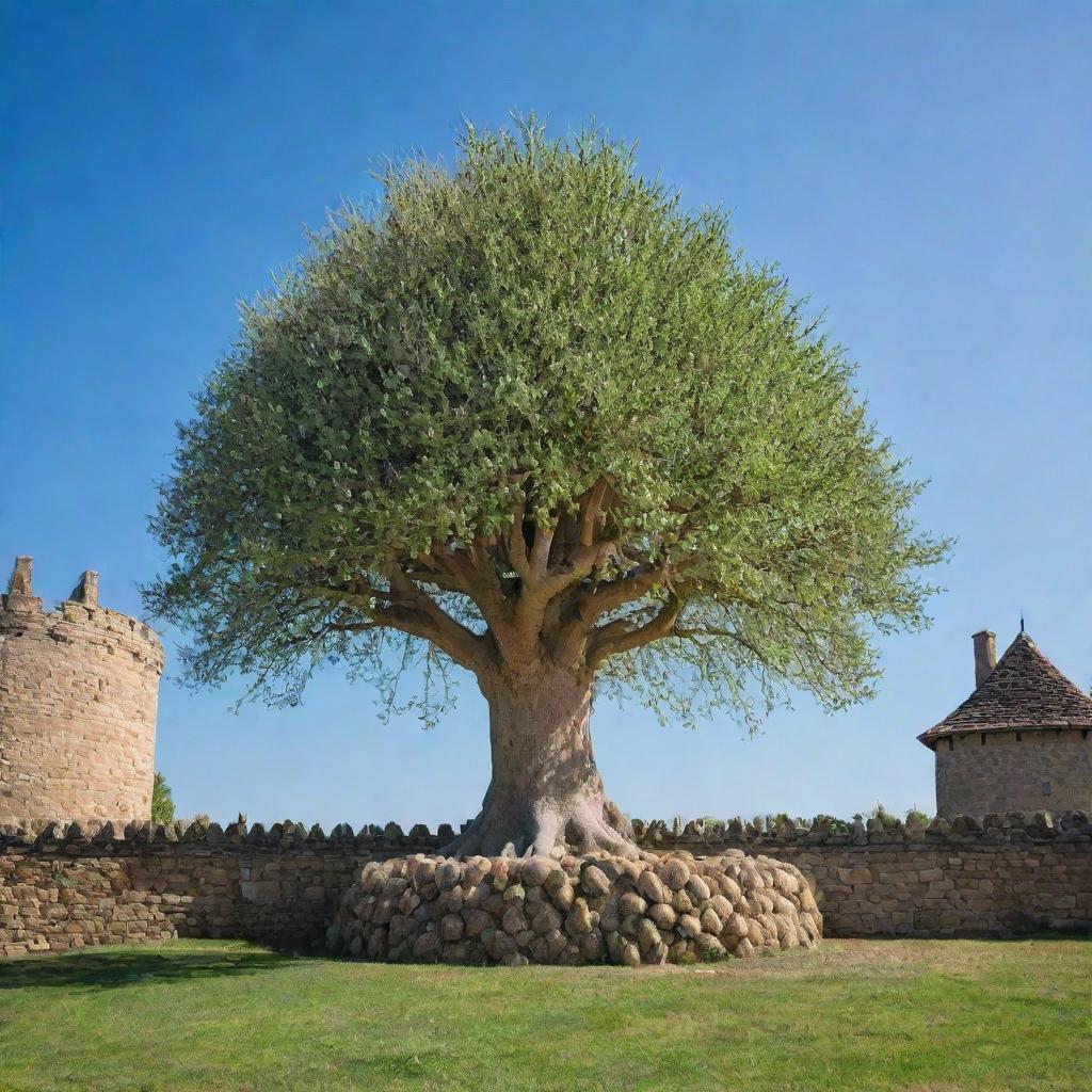 A unique tree made entirely of onions, standing majestically atop a medieval stone castle under a clear blue sky.