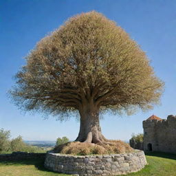 A unique tree made entirely of onions, standing majestically atop a medieval stone castle under a clear blue sky.