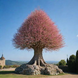 A unique tree made entirely of onions, standing majestically atop a medieval stone castle under a clear blue sky.