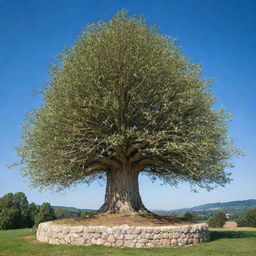 A unique tree made entirely of onions, standing majestically atop a medieval stone castle under a clear blue sky.