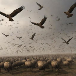 Generate an image of numerous large birds airborne, each carrying away a body from the defeated horde. The scene should convey a sense of purging and renewal.