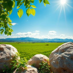 A bright, serene natural landscape featuring a wide, open green field under a vivid blue sky