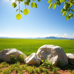 A bright, serene natural landscape featuring a wide, open green field under a vivid blue sky