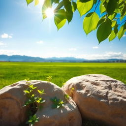 A bright, serene natural landscape featuring a wide, open green field under a vivid blue sky