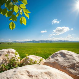 A bright, serene natural landscape featuring a wide, open green field under a vivid blue sky