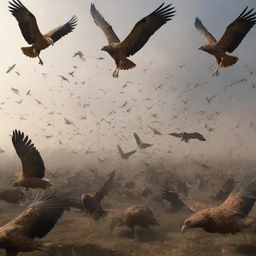 Generate an image of numerous large birds airborne, each carrying away a body from the defeated horde. The scene should convey a sense of purging and renewal.