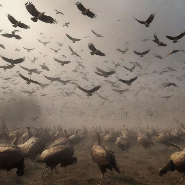 Generate an image of numerous large birds airborne, each carrying away a body from the defeated horde. The scene should convey a sense of purging and renewal.