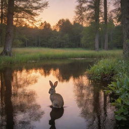 An enchanting sunset over a tranquil forest lake with a cute rabbit sitting by the water's edge.