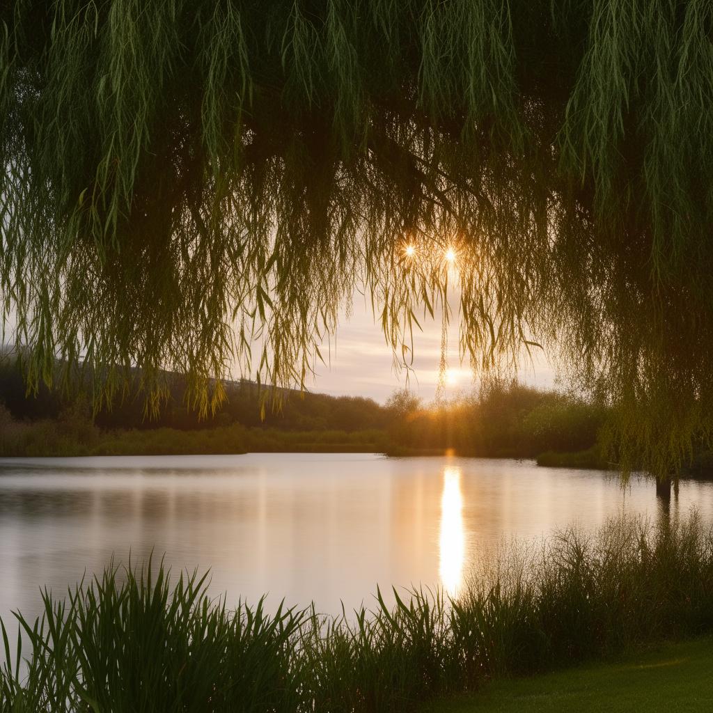 Generate a breathtaking view of the sun setting over a serene lake, framed by overhanging willow branches.