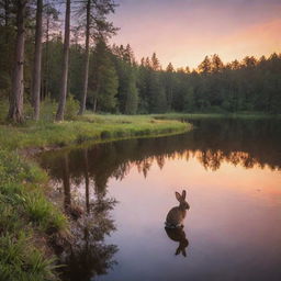 An enchanting sunset over a tranquil forest lake with a cute rabbit sitting by the water's edge.