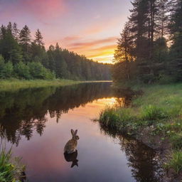 An enchanting sunset over a tranquil forest lake with a cute rabbit sitting by the water's edge.