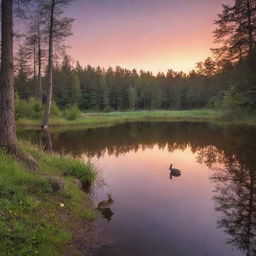 An enchanting sunset over a tranquil forest lake with a cute rabbit sitting by the water's edge.