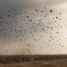 Generate an image of a swarm of birds flying away, each carrying the remains of individuals from the defeated Gog and Magog horde, illustrating a scene of natural justice and cleansing.