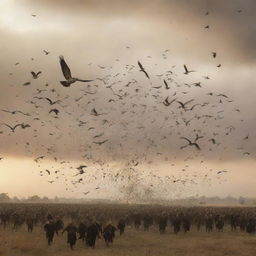 Generate an image of a swarm of birds flying away, each carrying the remains of individuals from the defeated Gog and Magog horde, illustrating a scene of natural justice and cleansing.