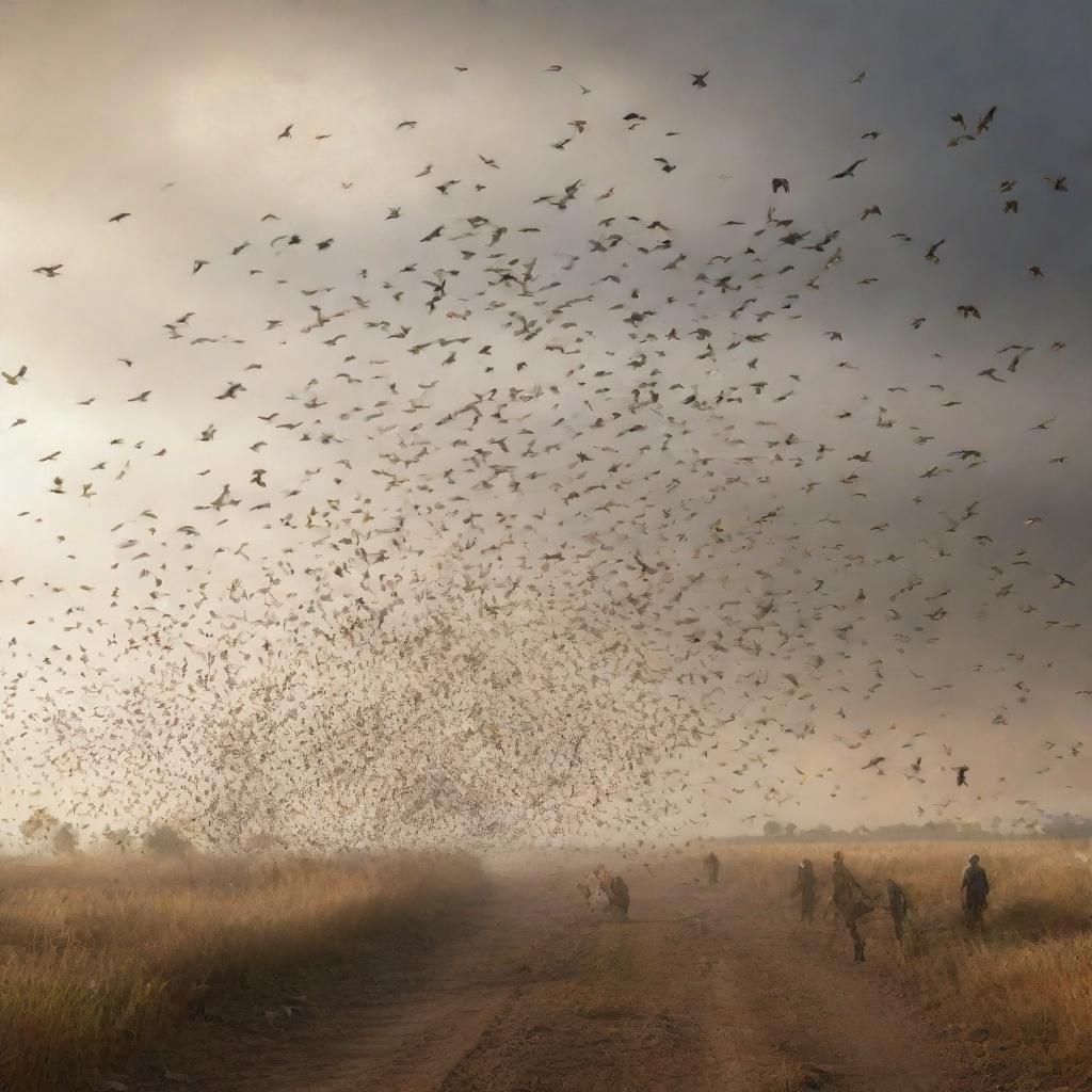 Generate an image of a swarm of birds flying away, each carrying the remains of individuals from the defeated Gog and Magog horde, illustrating a scene of natural justice and cleansing.