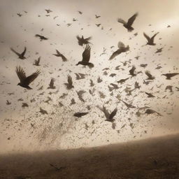 Generate an image of a swarm of birds flying away, each carrying the remains of individuals from the defeated Gog and Magog horde, illustrating a scene of natural justice and cleansing.