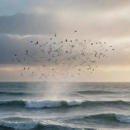 Generate an image of birds dropping the bodies of the Gog and Magog horde into the vast ocean, reflecting a sense of final cleansing and nature's role in balance.