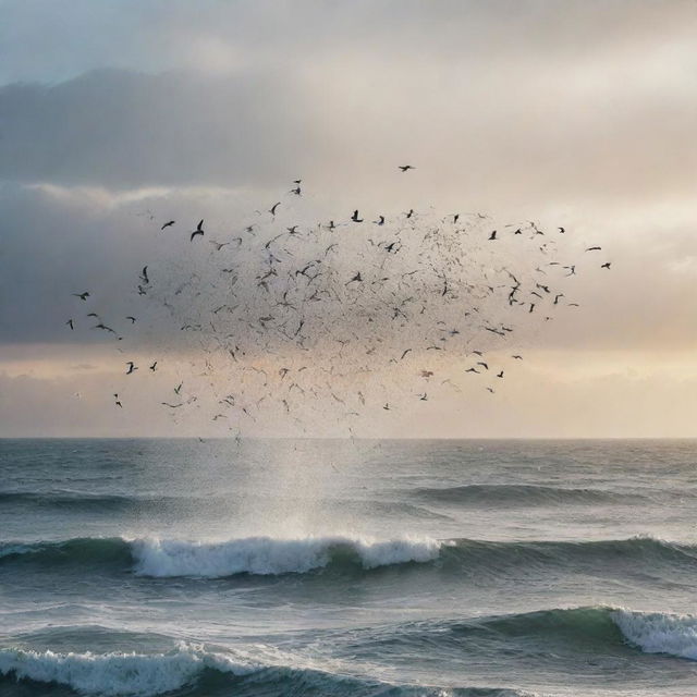 Generate an image of birds dropping the bodies of the Gog and Magog horde into the vast ocean, reflecting a sense of final cleansing and nature's role in balance.