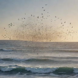 Generate an image of birds dropping the bodies of the Gog and Magog horde into the vast ocean, reflecting a sense of final cleansing and nature's role in balance.