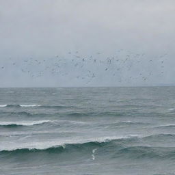 Generate an image of birds dropping the bodies of the Gog and Magog horde into the vast ocean, reflecting a sense of final cleansing and nature's role in balance.