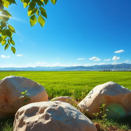 A bright, serene natural landscape featuring a wide, open green field under a vivid blue sky