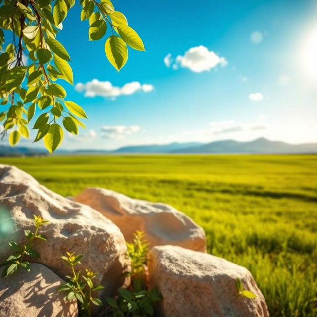 A bright, serene natural landscape featuring a wide, open green field under a vivid blue sky