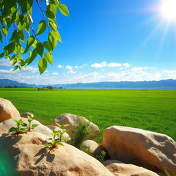 A bright, serene natural landscape featuring a wide, open green field under a vivid blue sky