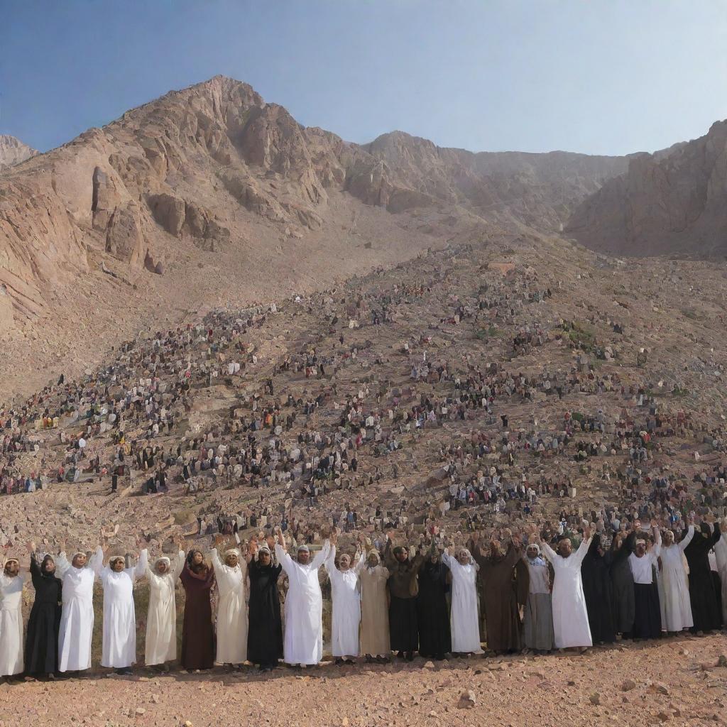 Generate an image of the Muslims on Mount Sinai rejoicing and celebrating, reflecting their relief, unity, and shared joy in the face of adversity.