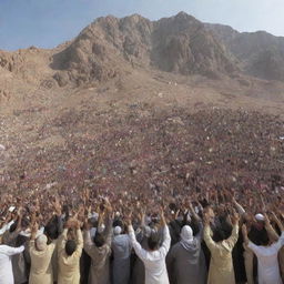 Generate an image of the Muslims on Mount Sinai rejoicing and celebrating, reflecting their relief, unity, and shared joy in the face of adversity.