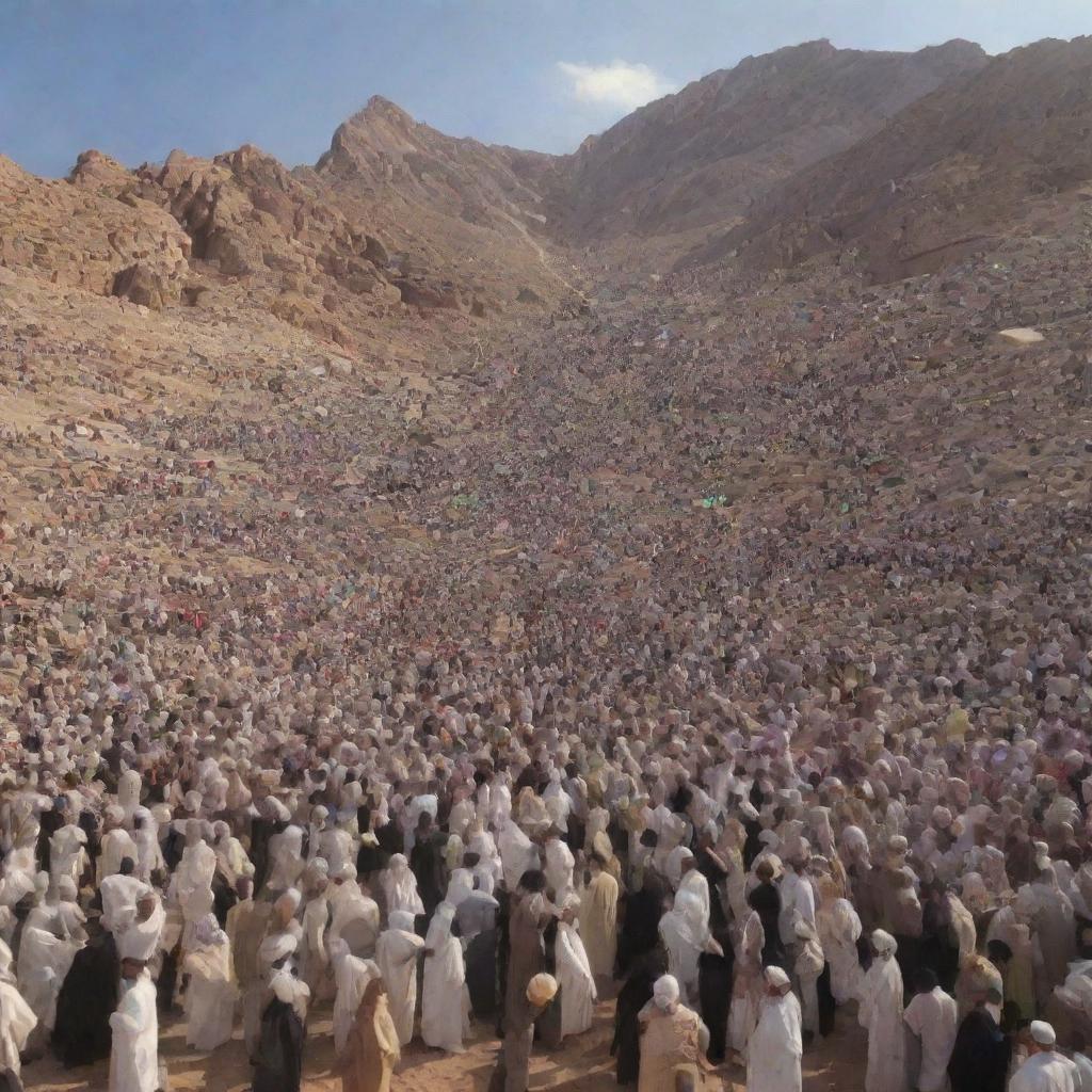 Generate an image of the Muslims on Mount Sinai rejoicing and celebrating, reflecting their relief, unity, and shared joy in the face of adversity.