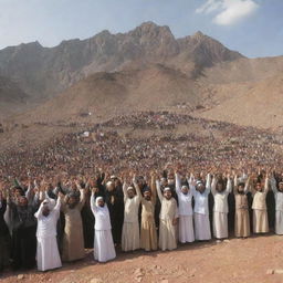 Generate an image of the Muslims on Mount Sinai rejoicing and celebrating, reflecting their relief, unity, and shared joy in the face of adversity.