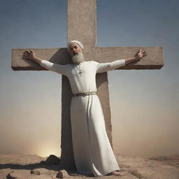 Generate an image of Prophet Isa breaking a cross, symbolizing the end of a significant chapter, accompanied by a sense of solemnity and symbolism.