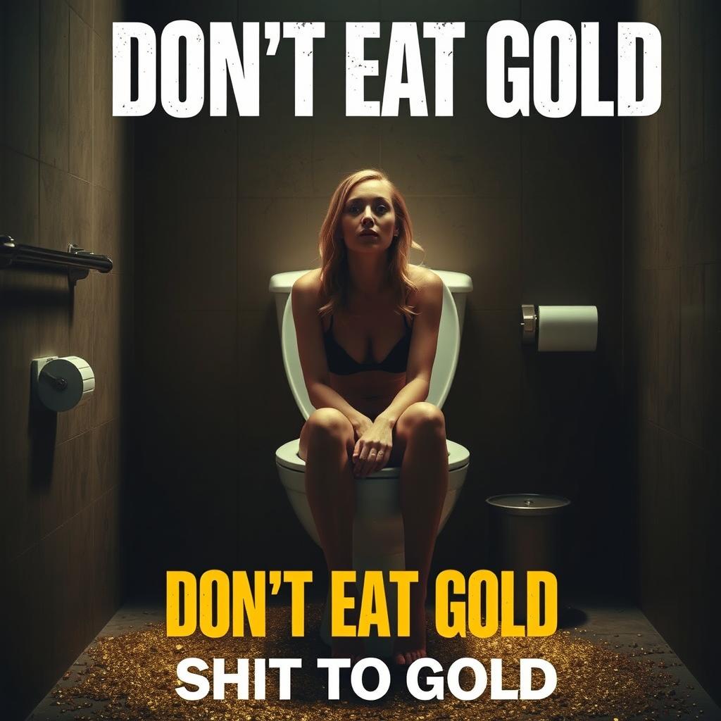 A striking cinematic poster for the movie title "Don't Eat Gold" with the subtitle "Shit to Gold"