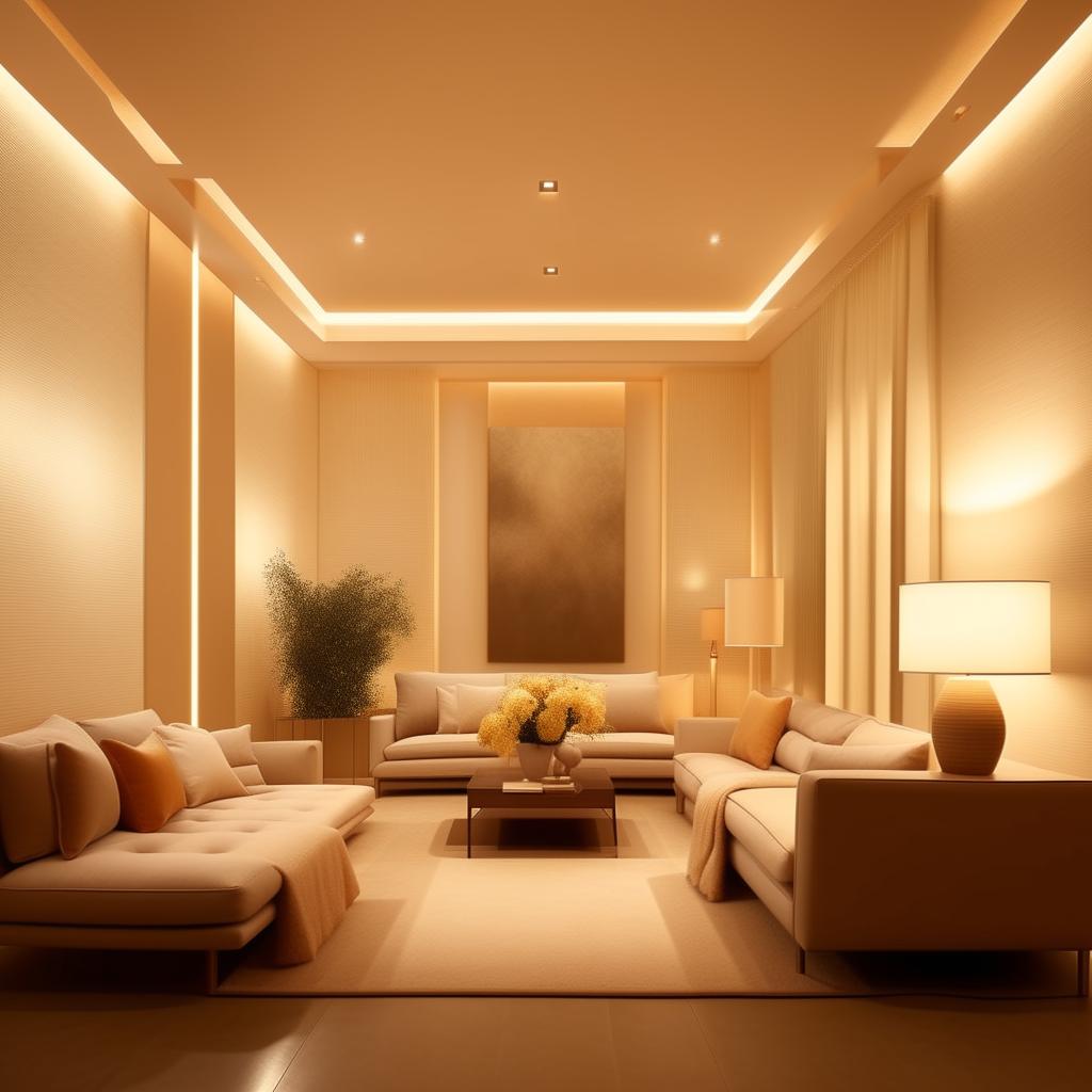 Display a room interior showcasing elegance and simplicity. The design should feature minimalist furniture, a soothing color palette, and smart use of lighting.