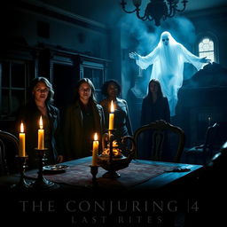 An eerie and atmospheric scene from 'The Conjuring 4: Last Rites (2025)', showcasing a chilling moment with a ghostly apparition beside it